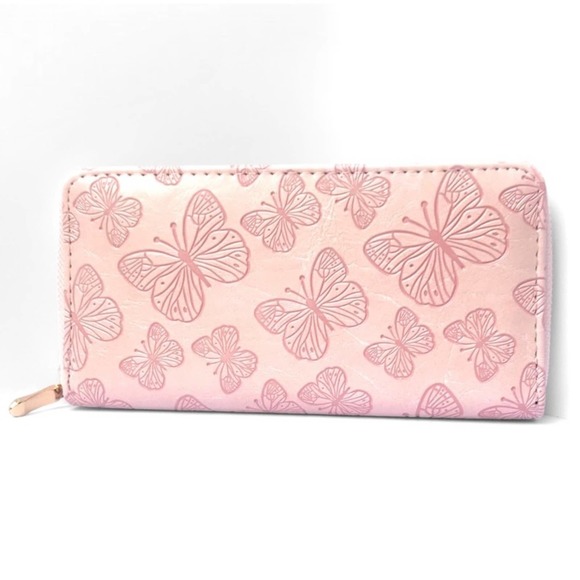 Blossom Boutique Handbags - 1 LEFT! Pink Butterfly Embossed Faux Leather Women’s Zippered Cute Summer Wallet